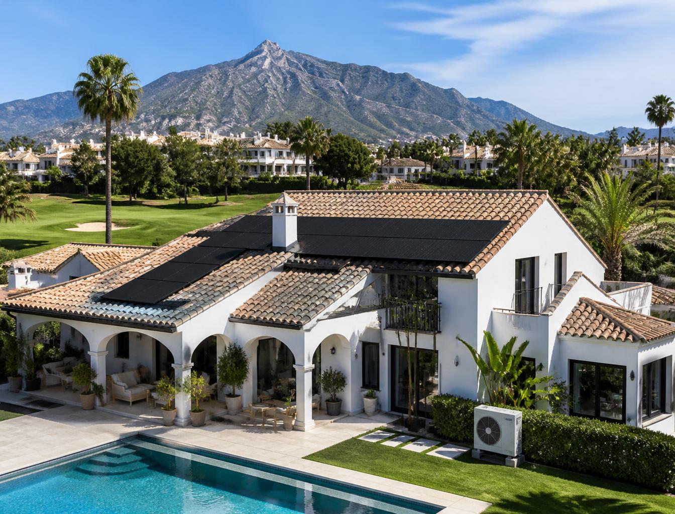 Placas solares instaladas en una villa blanca de Nueva Andalucía, Marbella