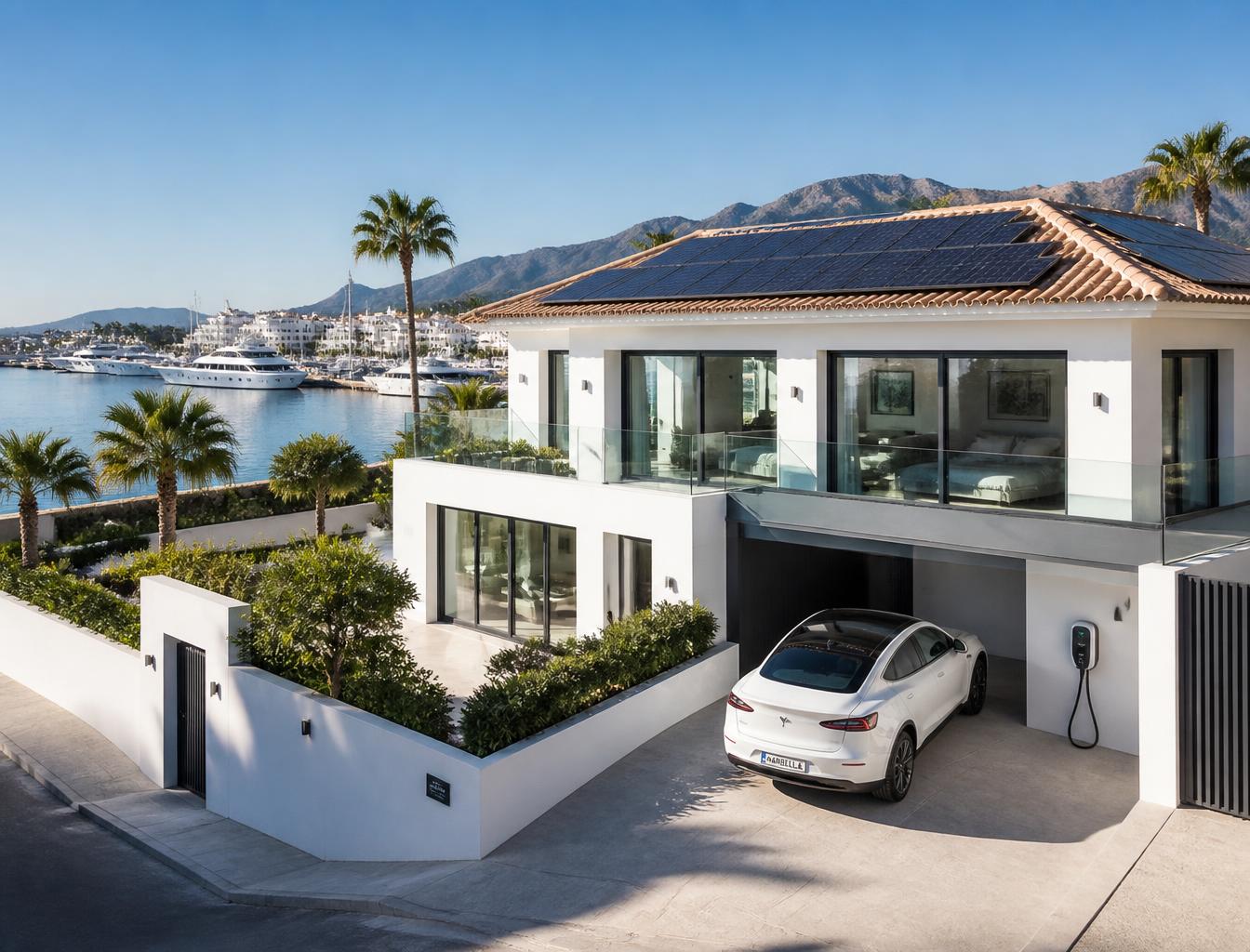 Placas solares en la cubierta de una villa moderna cerca de Puerto Banús