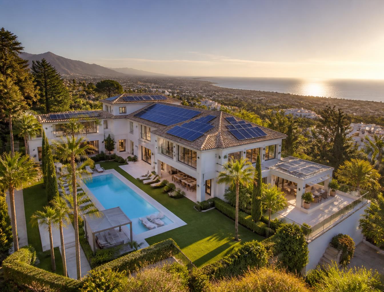 Vista aérea de placas solares en una villa de lujo de Sierra Blanca, Marbella